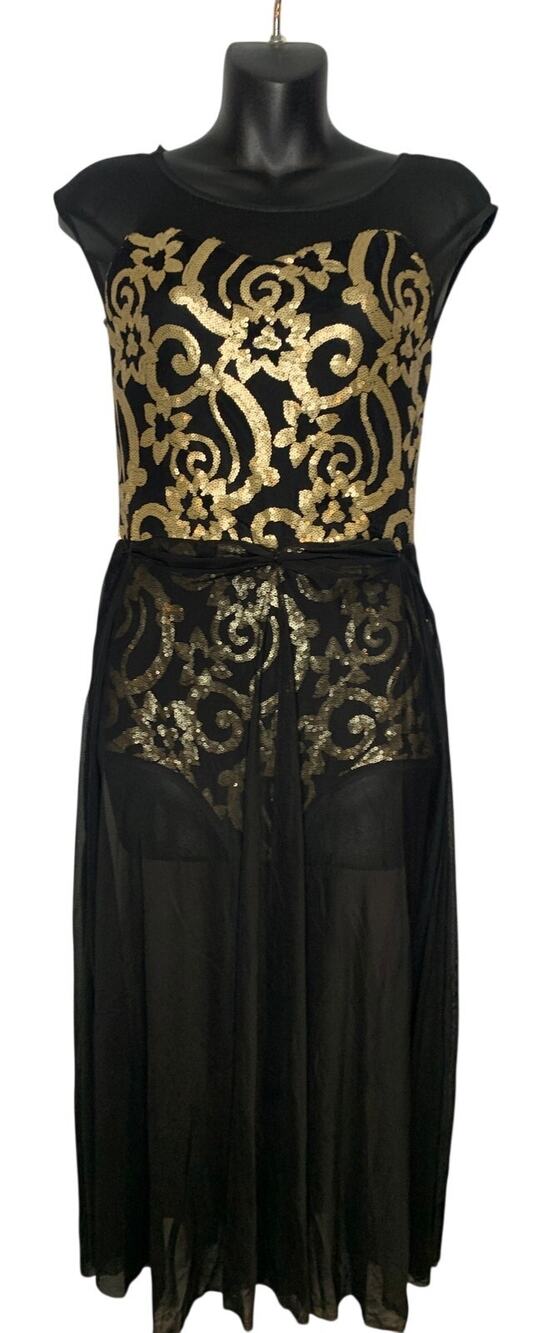 Weissman XLC 100% Nylon Black Lyrical Dance Dress Gold Sequins Black Overlay XLC